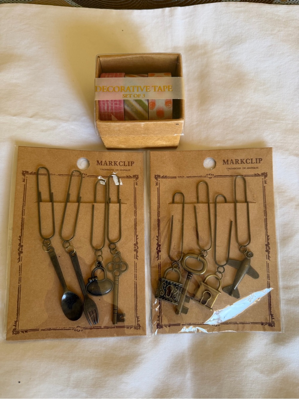 Brass-Tone Decorative Mark Clips with Vintage Charms and Decorative Tape Bundle